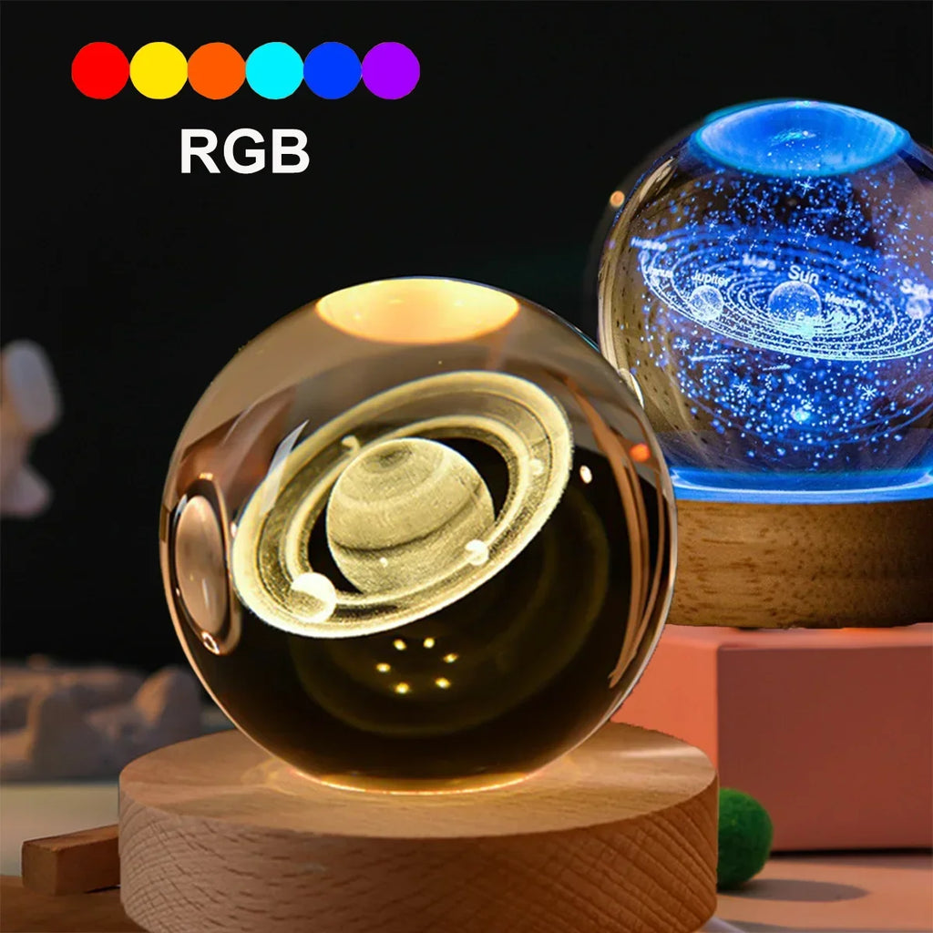 6Cm Bedside Lamp Solar Theme Cosmos Series Crystal Ball Night Lights Milky Way Moon Small Ornaments for Desk Creative Gift RGB