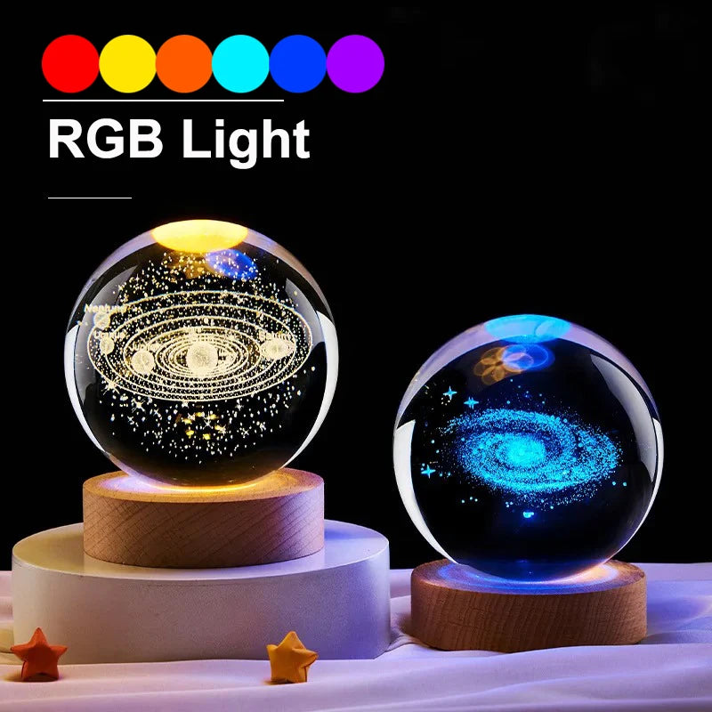 6Cm Bedside Lamp Solar Theme Cosmos Series Crystal Ball Night Lights Milky Way Moon Small Ornaments for Desk Creative Gift RGB